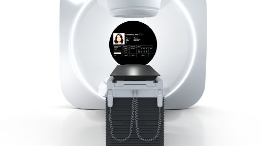 Front view of Elekta Harmony with patient data on the screen