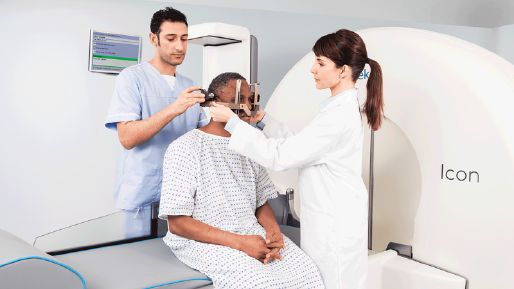 Leksell Gamma Knife Icon with a patient that gets set up with the frame